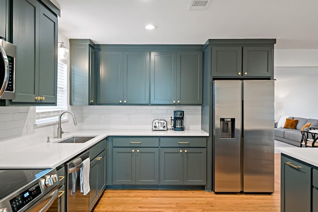 kitchen featuring stainless steel appliances, light hardwood / wood-style floors, sink, and backsplash