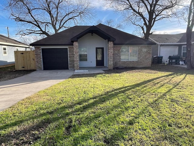 ranch-style home with a garage and a front lawn