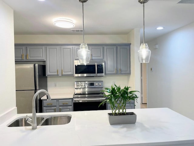 kitchen featuring stainless steel appliances, sink, and gray cabinetry