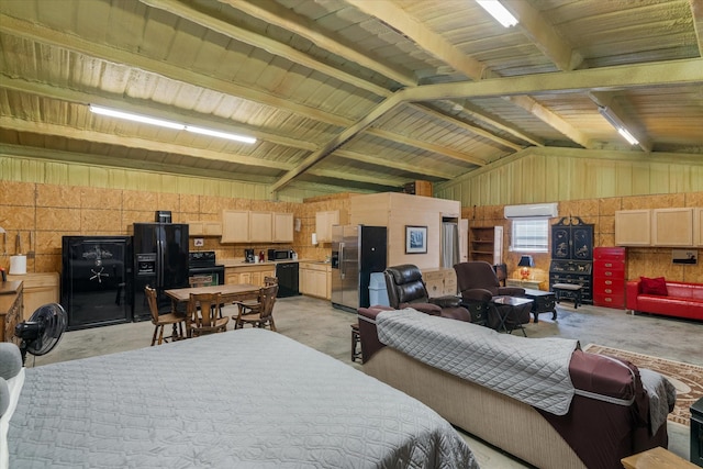 bedroom featuring lofted ceiling, stainless steel fridge with ice dispenser, a wall mounted AC, and black refrigerator with ice dispenser