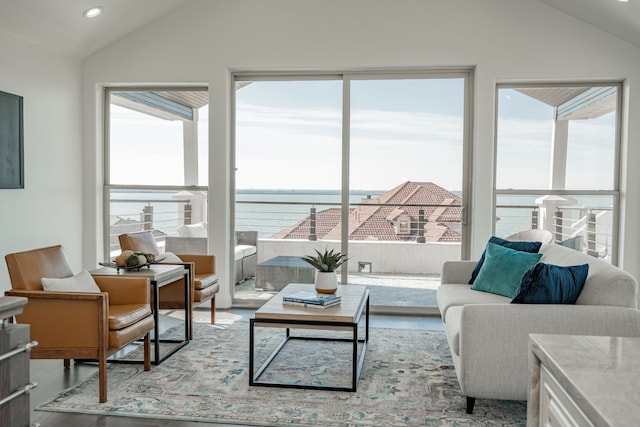 living room featuring lofted ceiling, wood-type flooring, and a water view