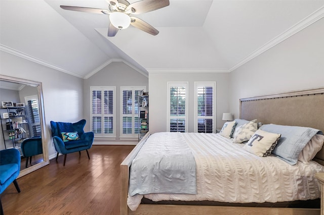 bedroom with dark wood-type flooring, ceiling fan, lofted ceiling, and crown molding