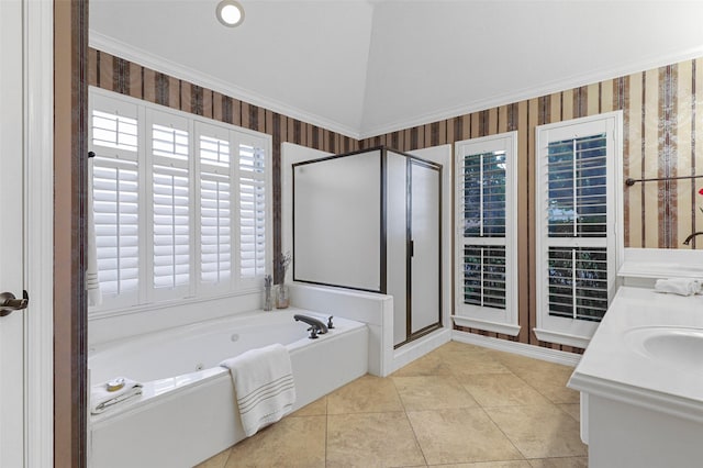 bathroom with crown molding, vanity, independent shower and bath, and tile patterned flooring