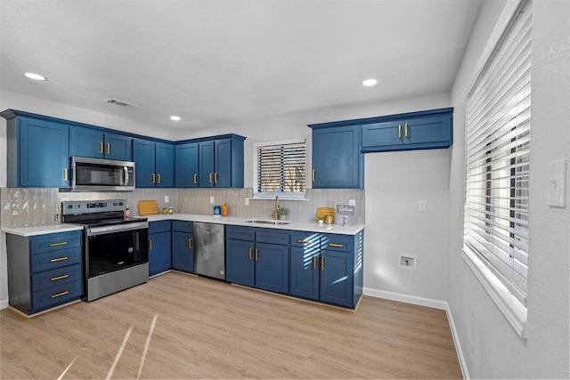 kitchen featuring light wood-type flooring, blue cabinets, sink, tasteful backsplash, and appliances with stainless steel finishes