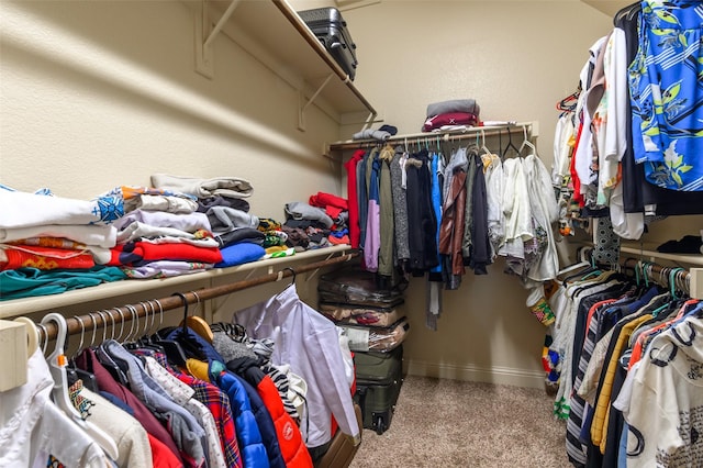 walk in closet with light colored carpet