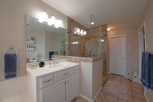 bathroom with vanity, tile patterned flooring, and a shower with door