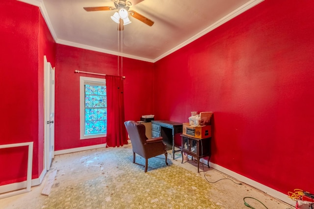 office featuring ceiling fan and ornamental molding