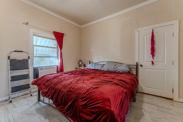 bedroom featuring ornamental molding and cooling unit