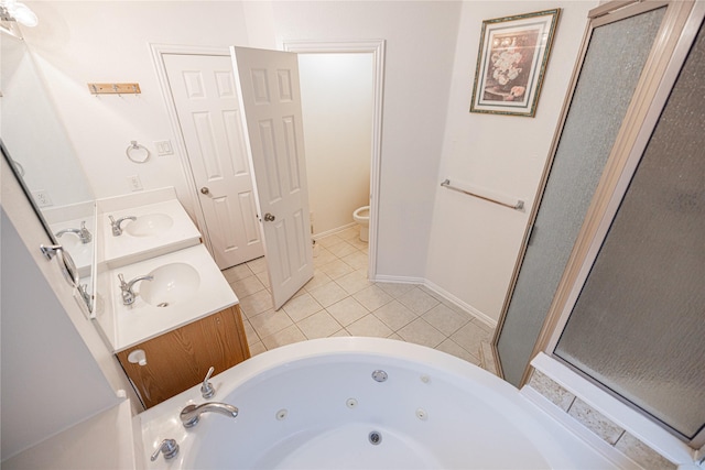 full bathroom with toilet, tile patterned floors, vanity, and plus walk in shower