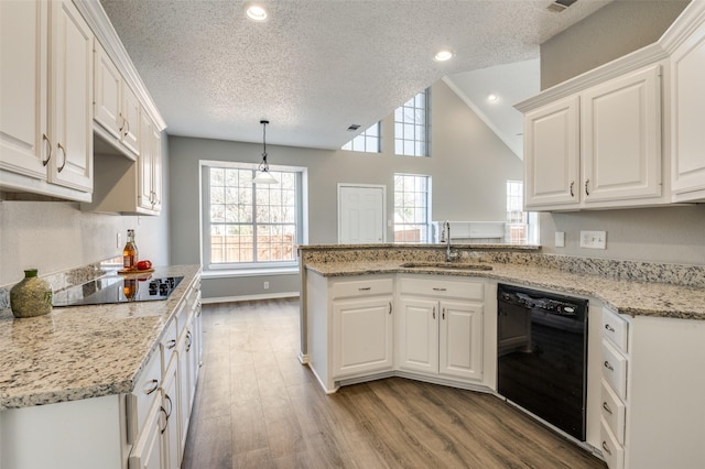 kitchen with lofted ceiling, sink, black appliances, and white cabinets