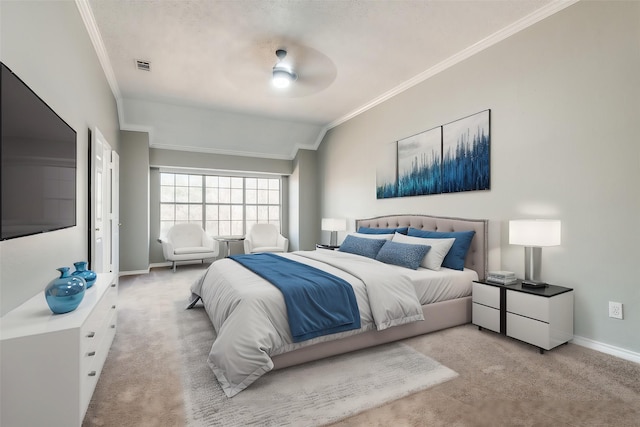 carpeted bedroom with crown molding and ceiling fan