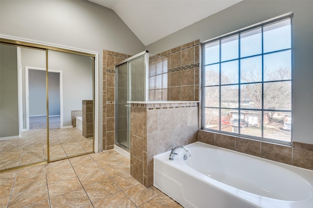 bathroom with vaulted ceiling and plus walk in shower