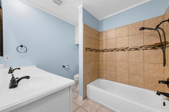 full bathroom with toilet, ornamental molding, vanity, tiled shower / bath combo, and tile patterned flooring