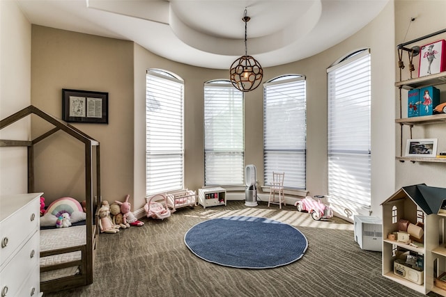 playroom with a raised ceiling and carpet flooring