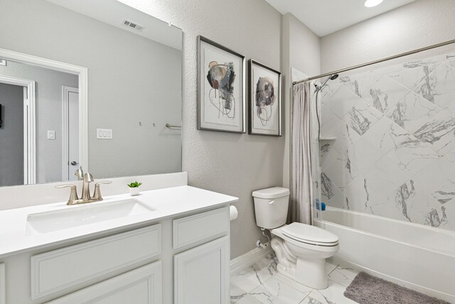 full bathroom featuring vanity, shower / tub combo with curtain, and toilet