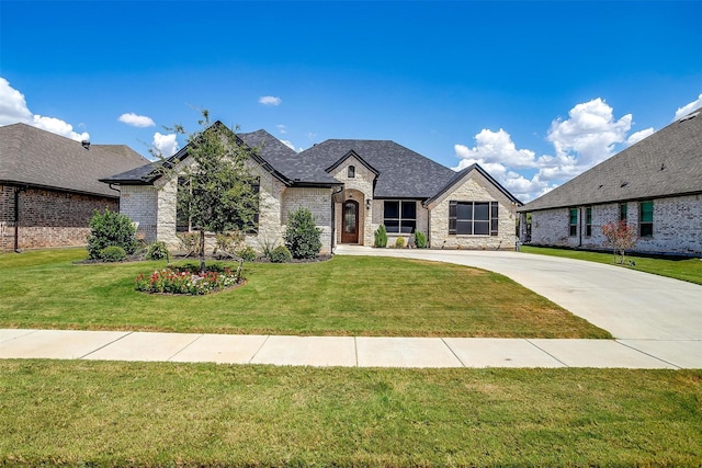 french provincial home with a front lawn