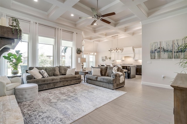 living room featuring coffered ceiling, beamed ceiling, and a high ceiling