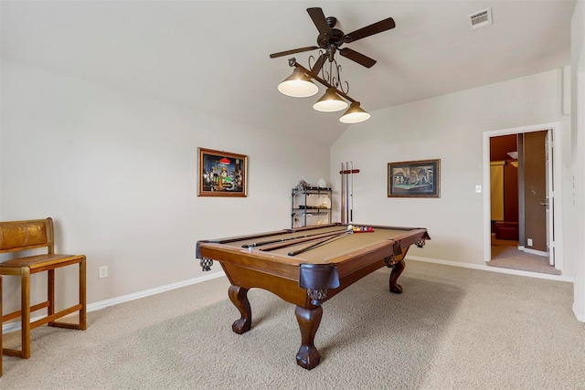 game room with vaulted ceiling, light colored carpet, ceiling fan, and pool table