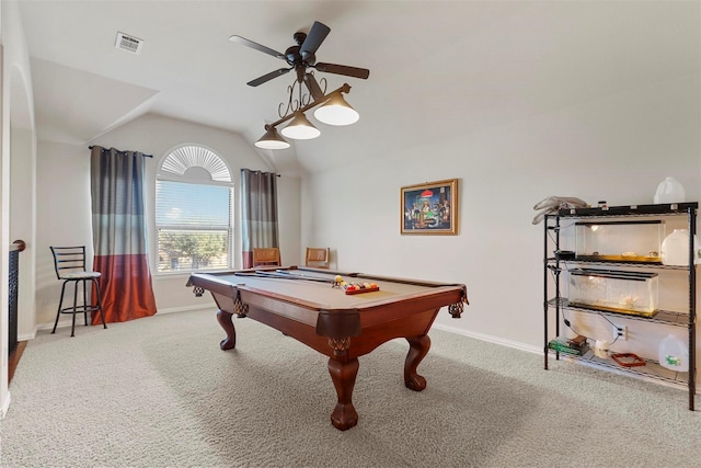 playroom featuring vaulted ceiling, carpet flooring, pool table, and ceiling fan