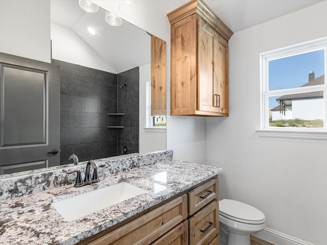 bathroom with vanity, lofted ceiling, toilet, and walk in shower