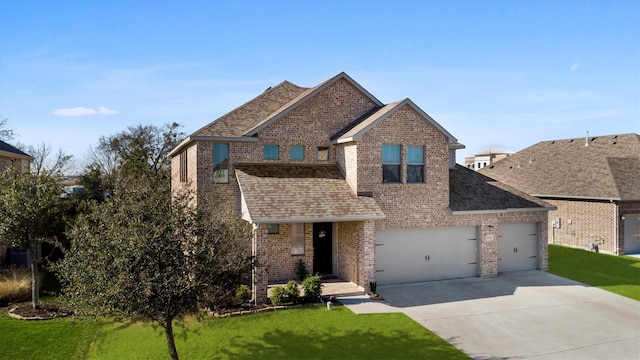 view of front facade with a front lawn, an attached garage, brick siding, and a shingled roof