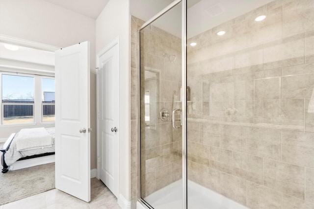 full bath featuring a stall shower, recessed lighting, ensuite bathroom, and tile patterned floors