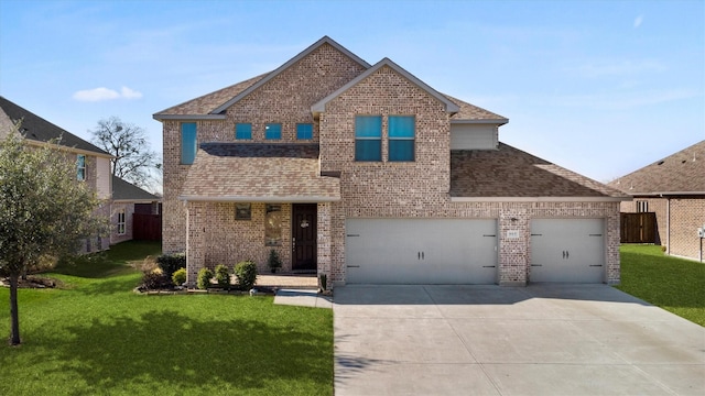 traditional home with driveway, a front lawn, a shingled roof, and brick siding