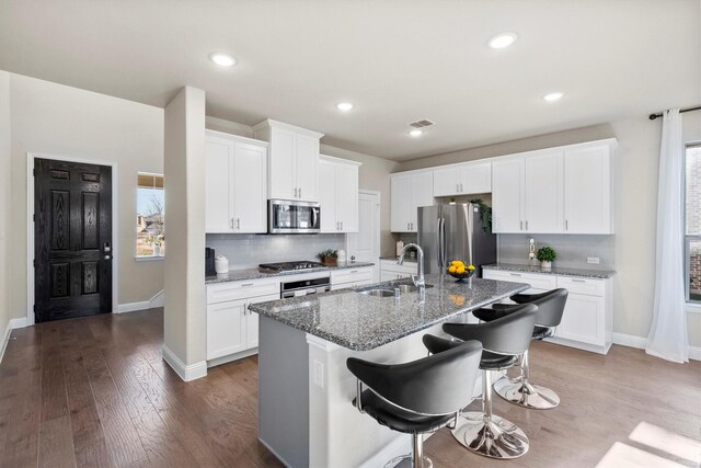 kitchen with sink, tasteful backsplash, dark stone countertops, a large island with sink, and stainless steel appliances