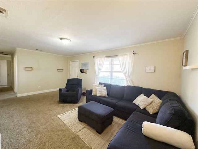 living room featuring crown molding and light colored carpet