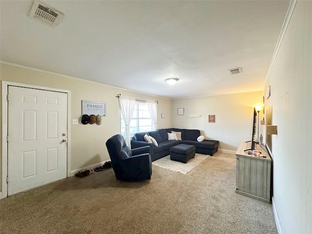 carpeted living room featuring crown molding