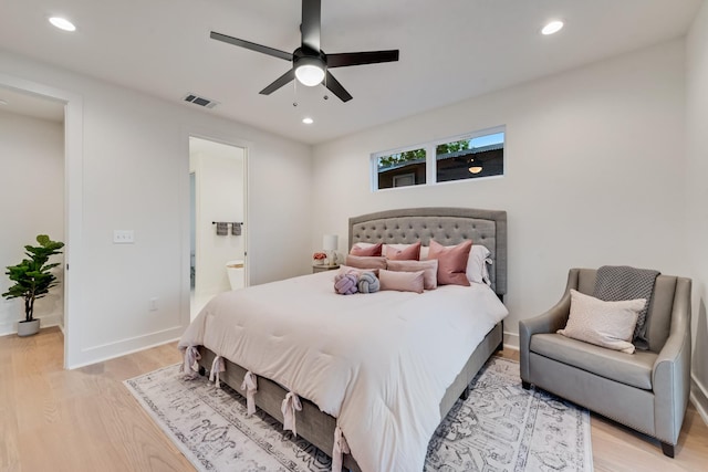 13590 Park Harbor Dr, Eustace, TX 75124 - bedroom with light wood finished floors, recessed lighting, baseboards, connected bathroom, and ceiling fan