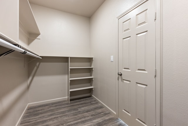 walk in closet with dark hardwood / wood-style flooring