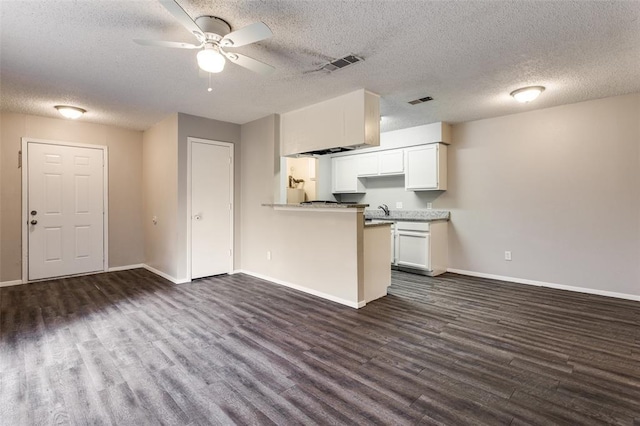 kitchen with white cabinetry, sink, dark hardwood / wood-style flooring, ceiling fan, and a textured ceiling