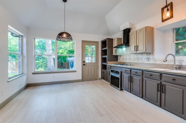 kitchen featuring wall chimney exhaust hood, sink, vaulted ceiling, stainless steel appliances, and decorative backsplash