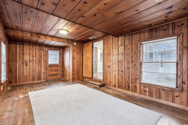 spare room with wood-type flooring, wooden walls, and wooden ceiling