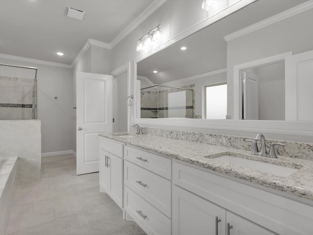 bathroom with walk in shower, vanity, and crown molding