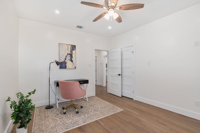 office area featuring ceiling fan and light wood-type flooring