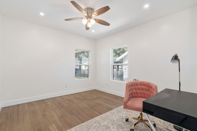 office area featuring ceiling fan and hardwood / wood-style floors