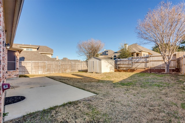 view of yard featuring a patio and a storage unit