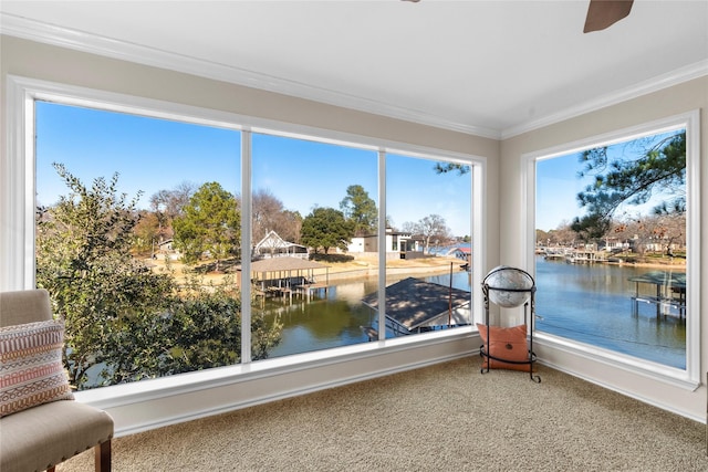 sunroom featuring a water view and a wealth of natural light