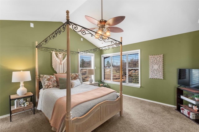 bedroom with lofted ceiling, carpet flooring, and ceiling fan