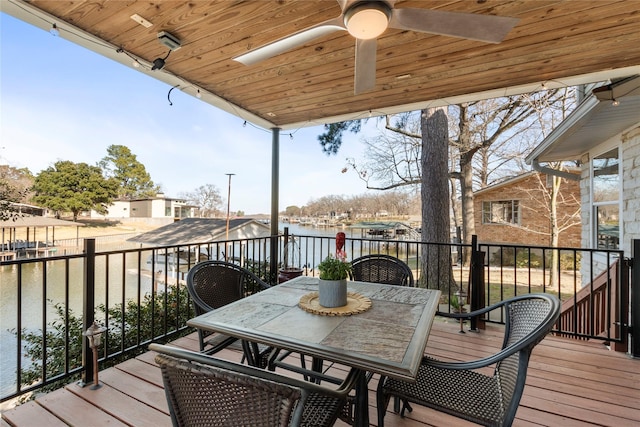 deck with a water view and ceiling fan