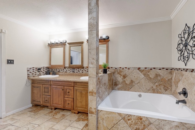 bathroom with crown molding, tiled bath, and vanity