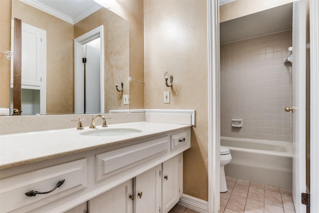 full bathroom with toilet, crown molding, tiled shower / bath, vanity, and tile patterned flooring