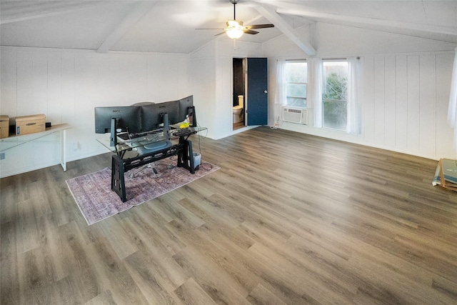 office area featuring cooling unit, ceiling fan, hardwood / wood-style floors, and vaulted ceiling with beams