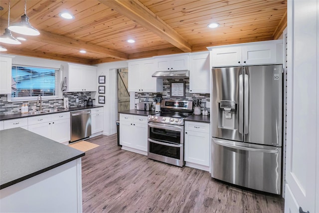 kitchen featuring sink, white cabinets, stainless steel appliances, wooden ceiling, and beam ceiling