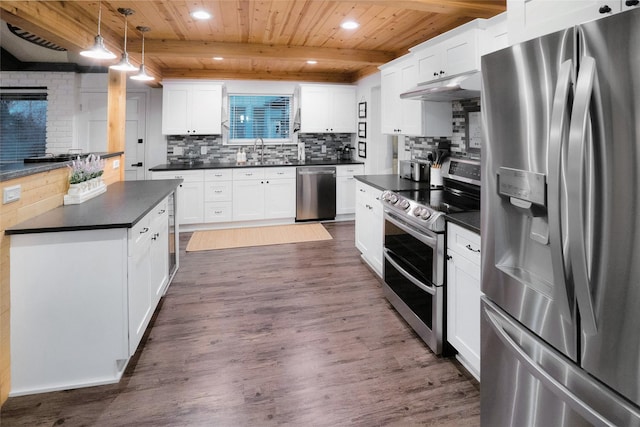 kitchen with pendant lighting, appliances with stainless steel finishes, white cabinetry, beam ceiling, and dark hardwood / wood-style flooring