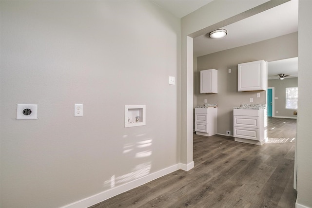 laundry room with ceiling fan, washer hookup, dark hardwood / wood-style flooring, and electric dryer hookup