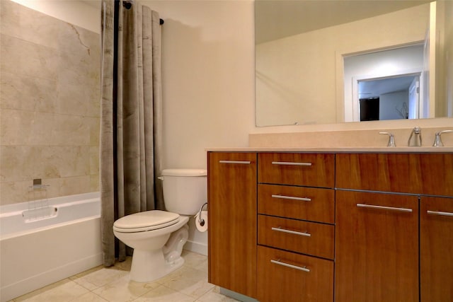 full bathroom with shower / tub combo with curtain, vanity, toilet, and tile patterned floors