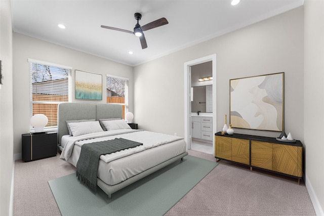 bedroom featuring connected bathroom, recessed lighting, a ceiling fan, baseboards, and carpet